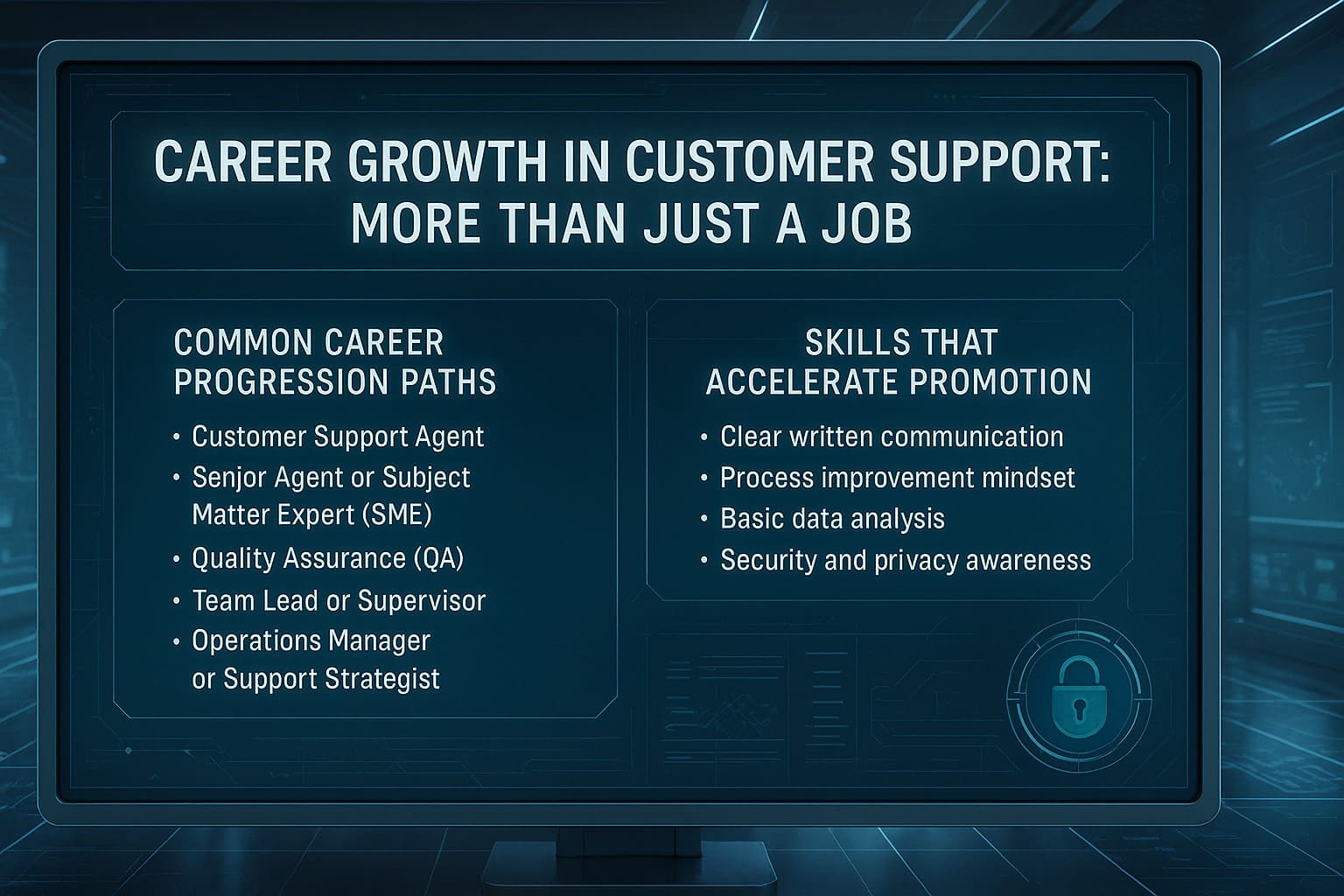 High-tech visualization showing career growth paths in remote customer support from agent to leadership roles