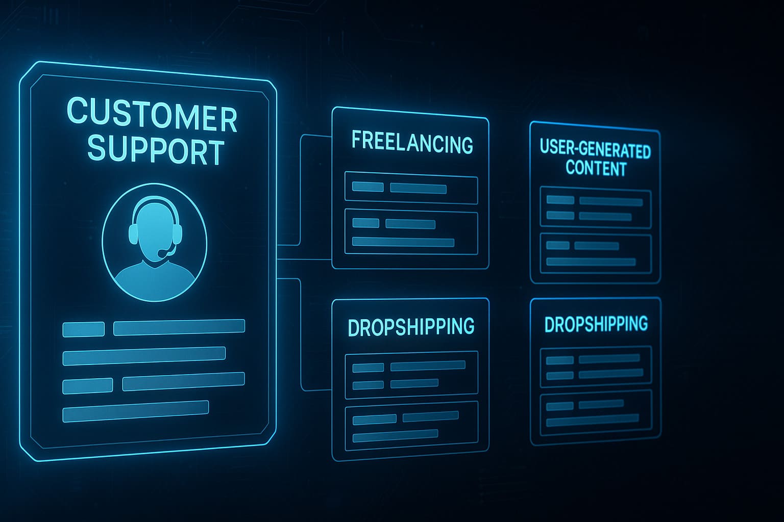 High-tech comparison showing customer support versus freelancing, UGC, and dropshipping as online income models