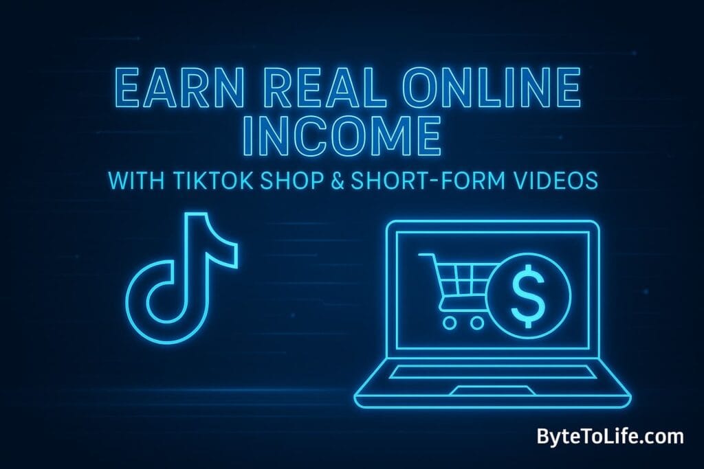 Neon futuristic illustration showing TikTok Shop, online income icons, and short-form video elements for the ByteToLife online income guide.