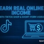 Neon futuristic illustration showing TikTok Shop, online income icons, and short-form video elements for the ByteToLife online income guide.