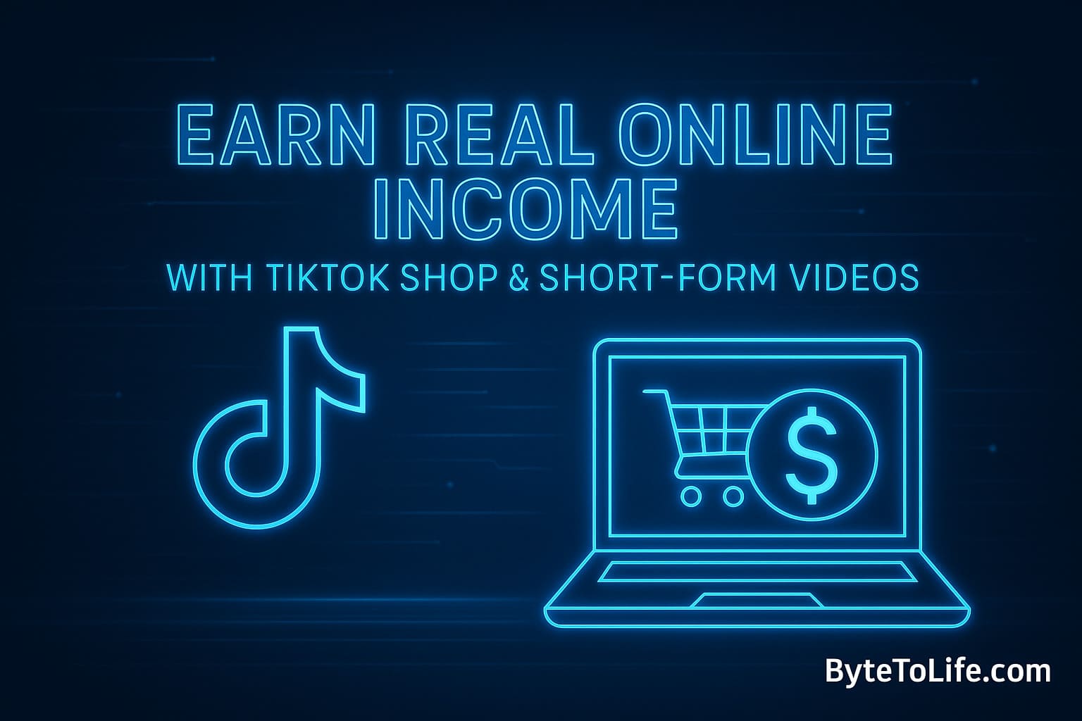 Neon futuristic illustration showing TikTok Shop, online income icons, and short-form video elements for the ByteToLife online income guide.