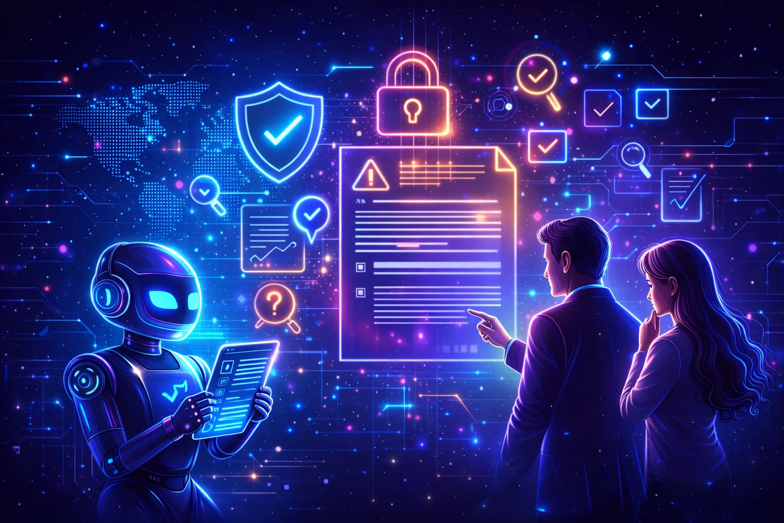 Futuristic neon illustration showing responsible AI use with human oversight for sustainable digital productivity