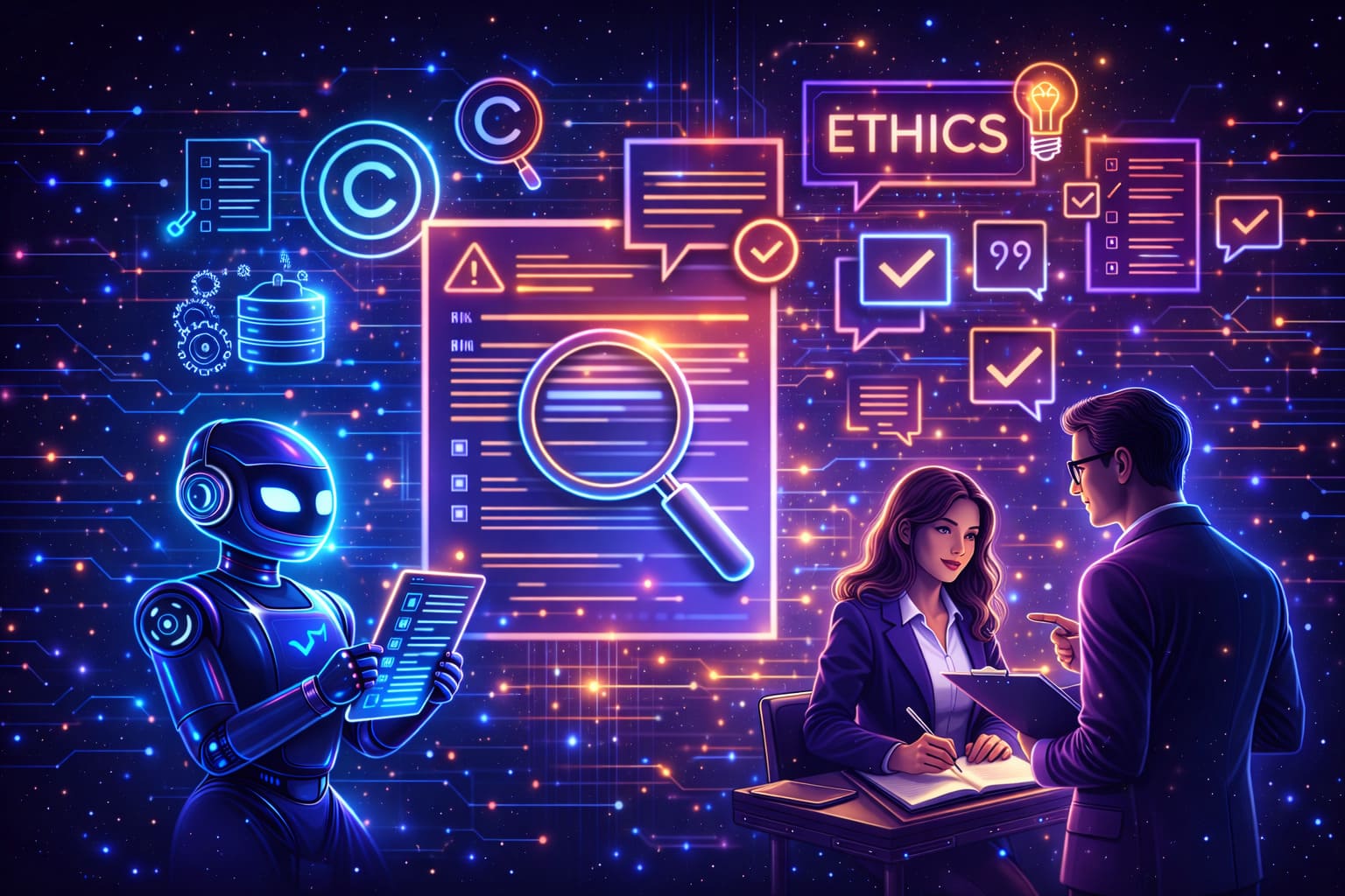 Futuristic neon illustration showing ethical AI use, human content review, and quality control in digital productivity