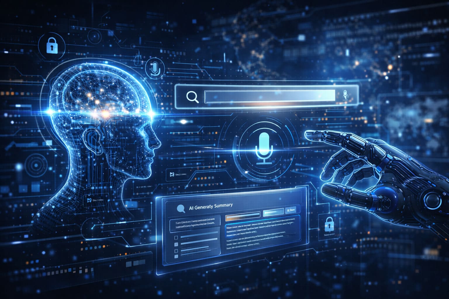 Futuristic AI-powered search interface showing intelligent assistants, voice search, and secure data processing