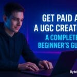 A young creator working on a laptop with neon glow lighting, representing how to get paid as a UGC creator for online income.