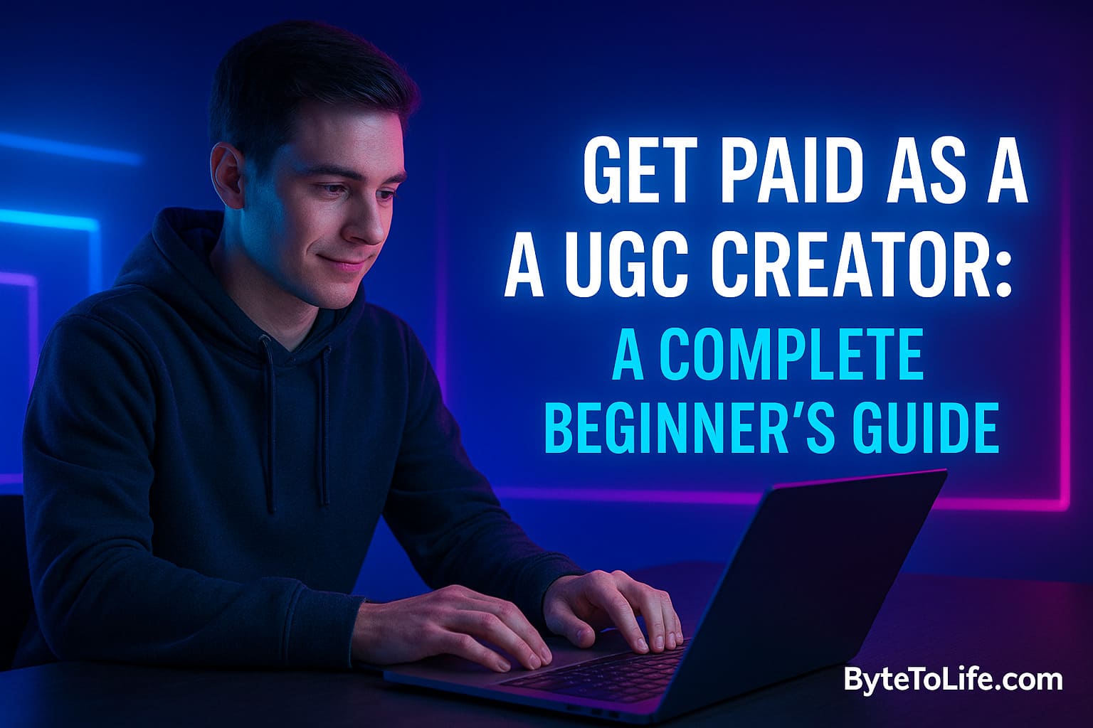 A young creator working on a laptop with neon glow lighting, representing how to get paid as a UGC creator for online income.
