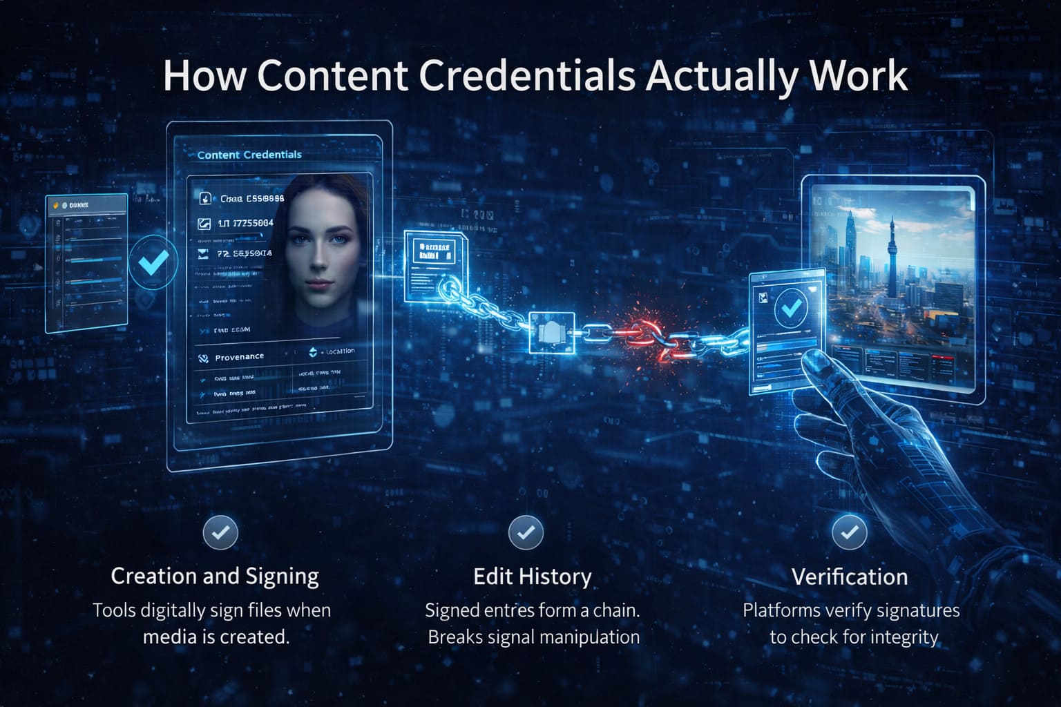 Futuristic AI visualization showing how content credentials create a secure audit trail for digital media through creation, edit history, and verification