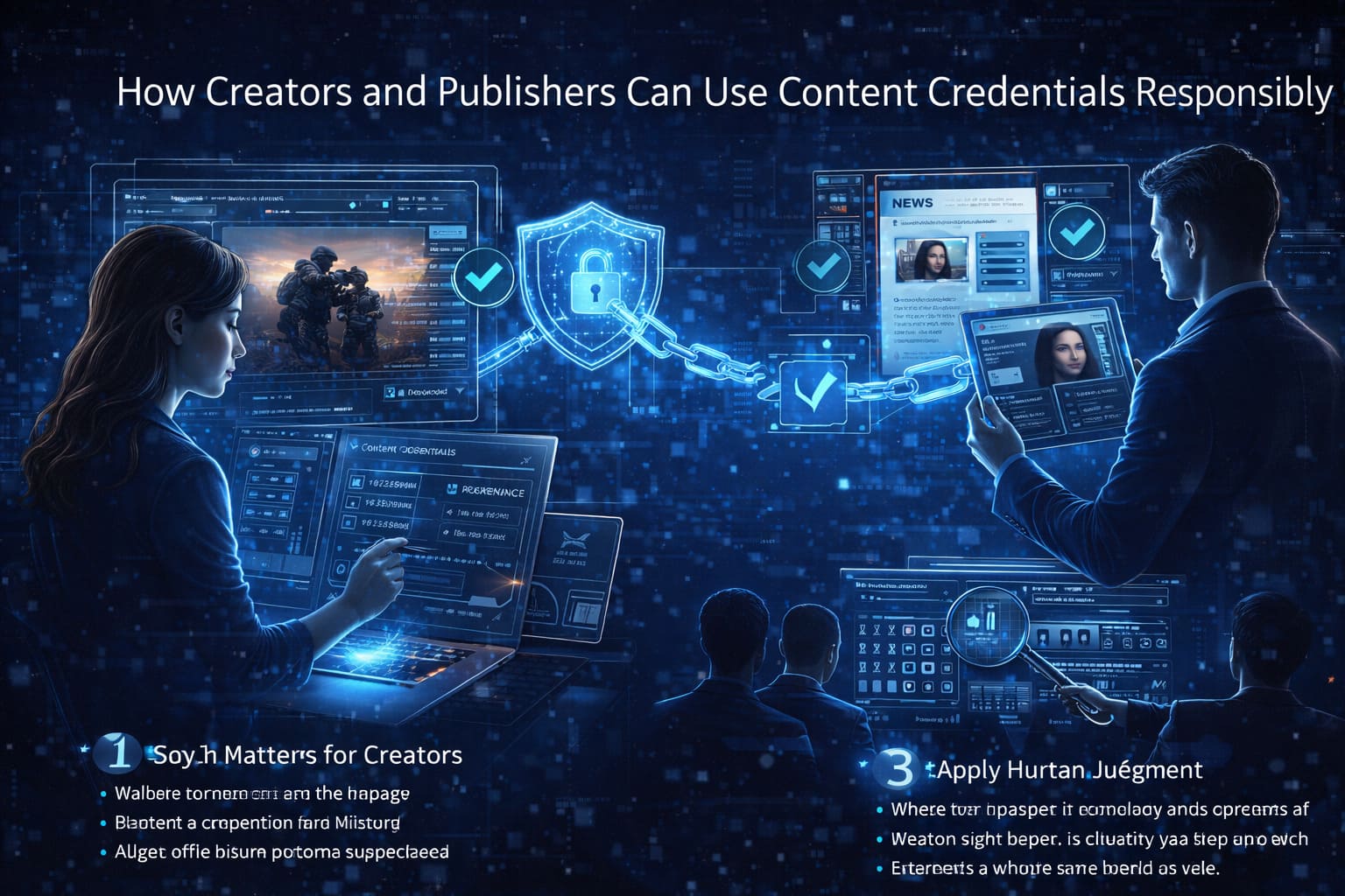 Futuristic AI illustration showing creators and publishers using content credentials responsibly to protect authorship, transparency, and digital trust