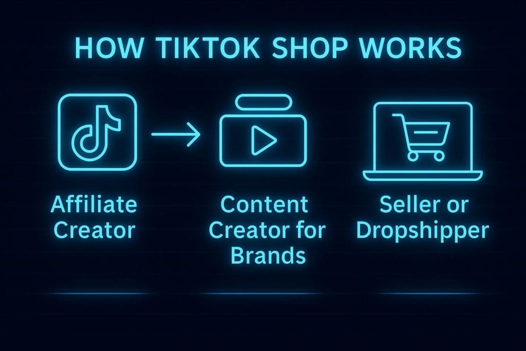 Neon tech illustration showing the three TikTok Shop roles: affiliate creator, content creator for brands, and seller or dropshipper.