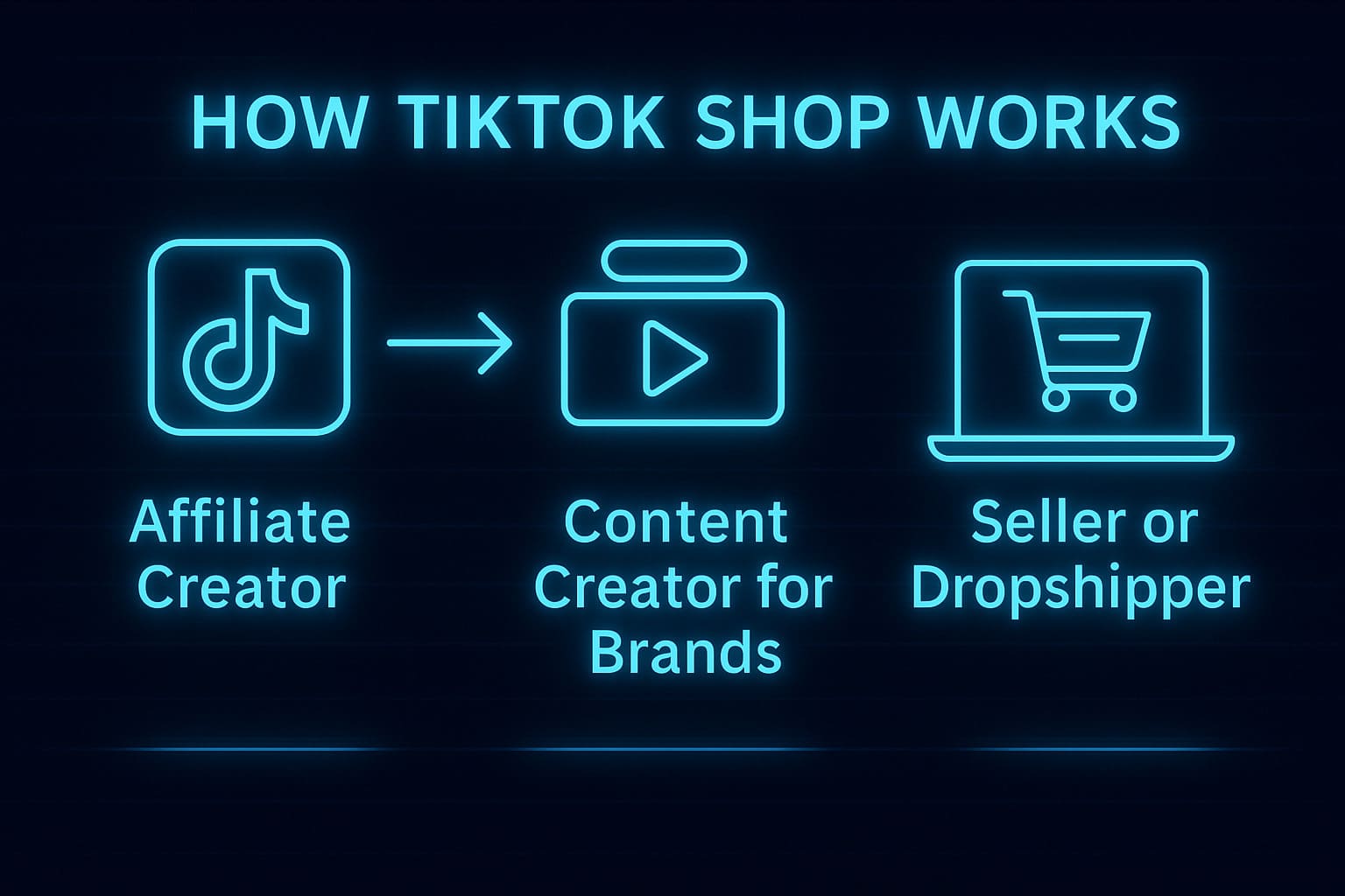 Neon tech illustration showing the three TikTok Shop roles: affiliate creator, content creator for brands, and seller or dropshipper.