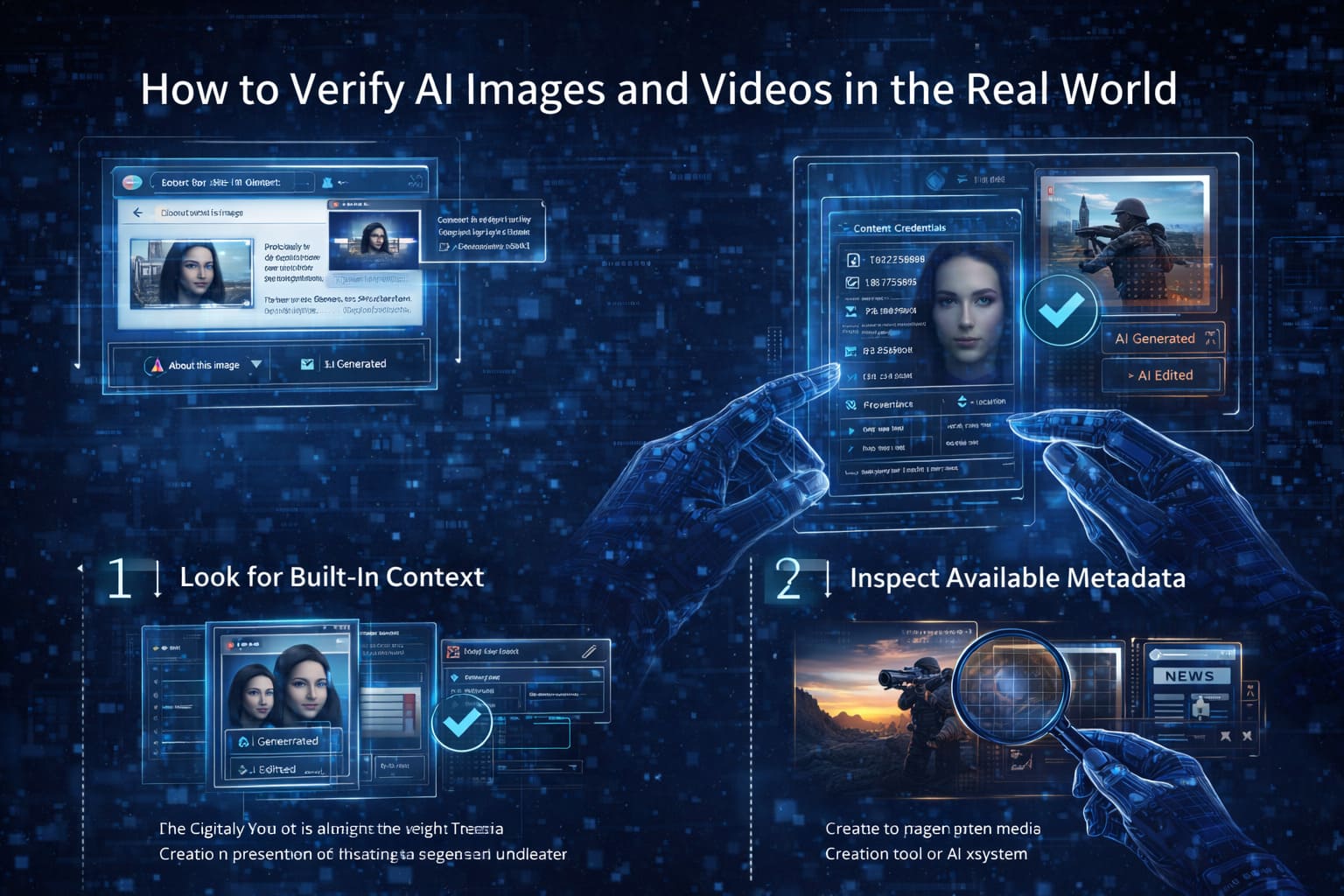 Futuristic AI illustration showing a step-by-step process to verify AI-generated images and videos using built-in context, metadata, and human judgment