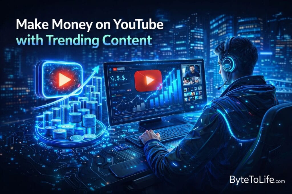 creator analyzing YouTube trending content with high-tech analytics to make money online