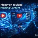 creator analyzing YouTube trending content with high-tech analytics to make money online