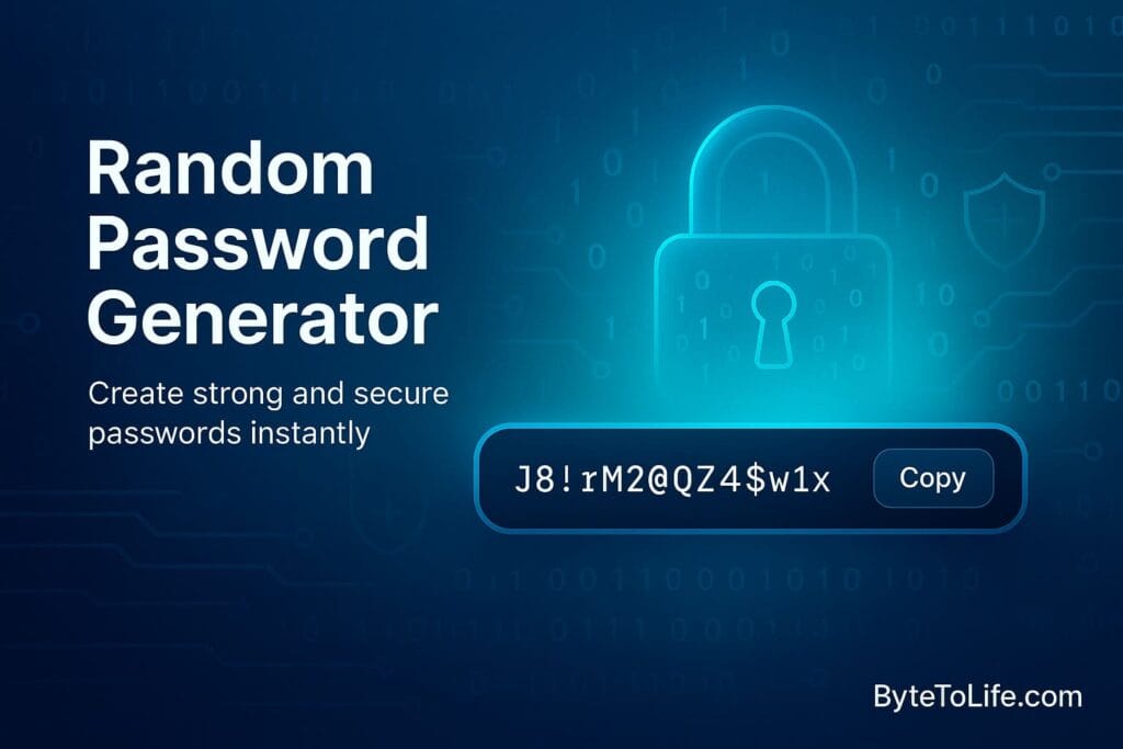 Random Password Generator interface with a secure password field, copy button, and cybersecurity lock design.
