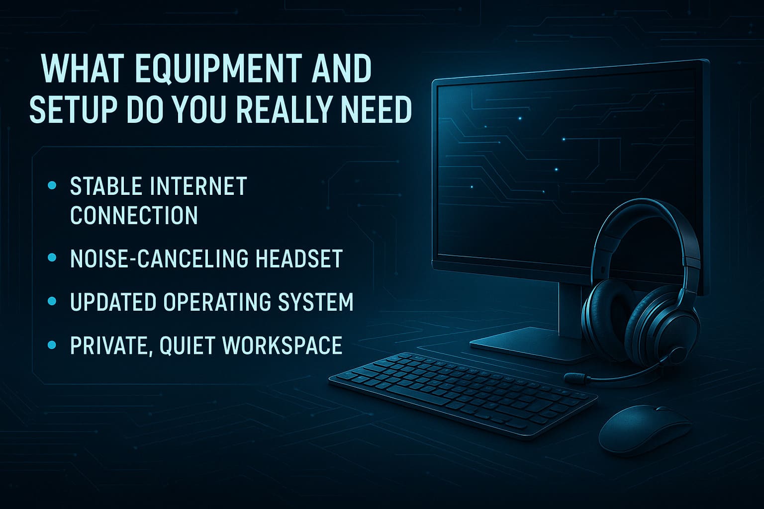 High-tech workspace showing essential equipment for remote customer support jobs including headset, computer, and stable internet