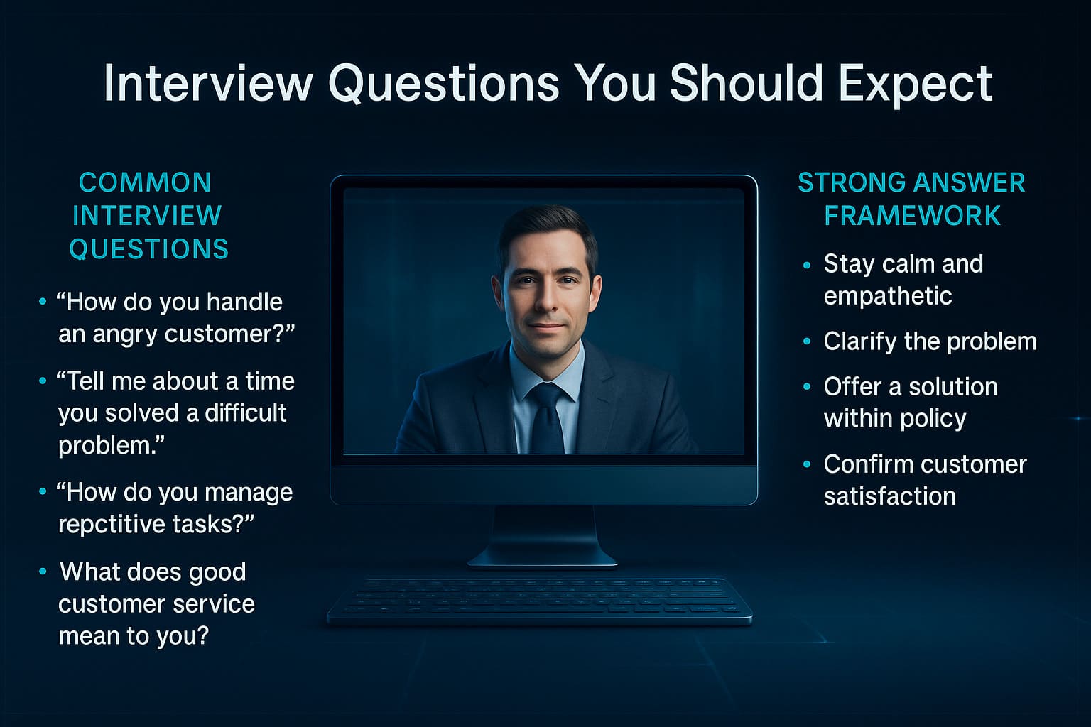 High-tech realistic scene showing a remote customer support job interview with common interview questions and evaluation framework