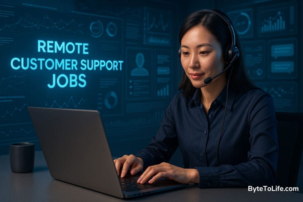Remote customer support jobs working from home in a high-tech digital workspace