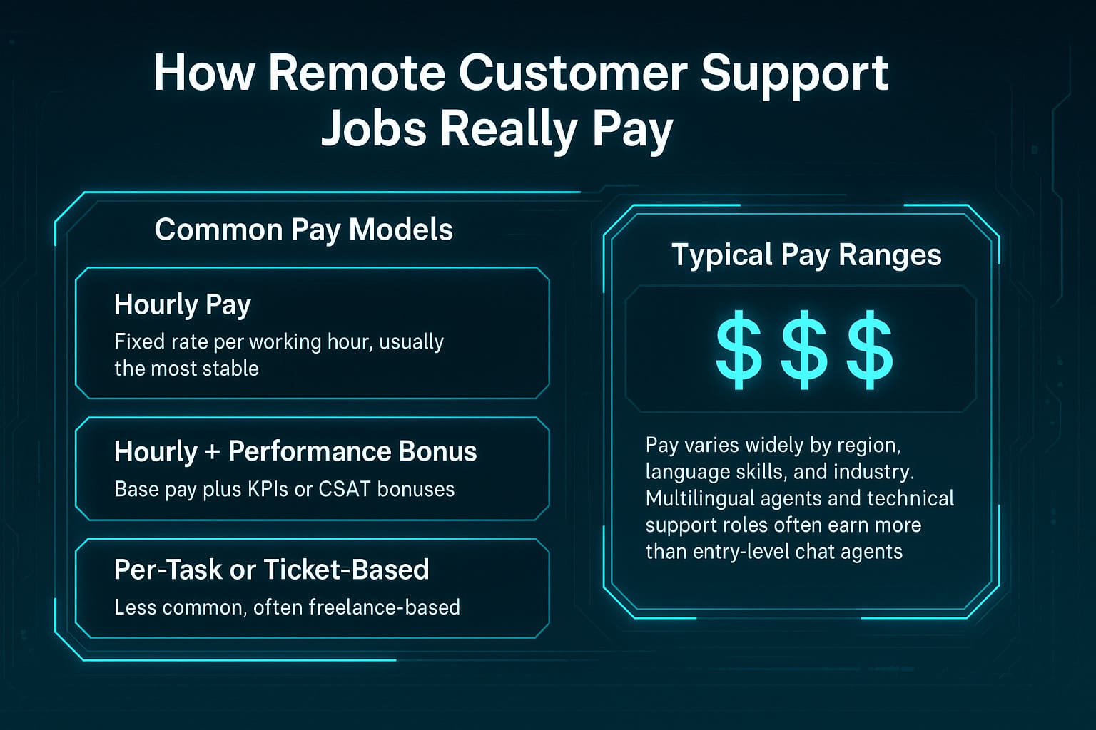 High-tech illustration showing pay models for remote customer support jobs including hourly pay, bonuses, and task-based work