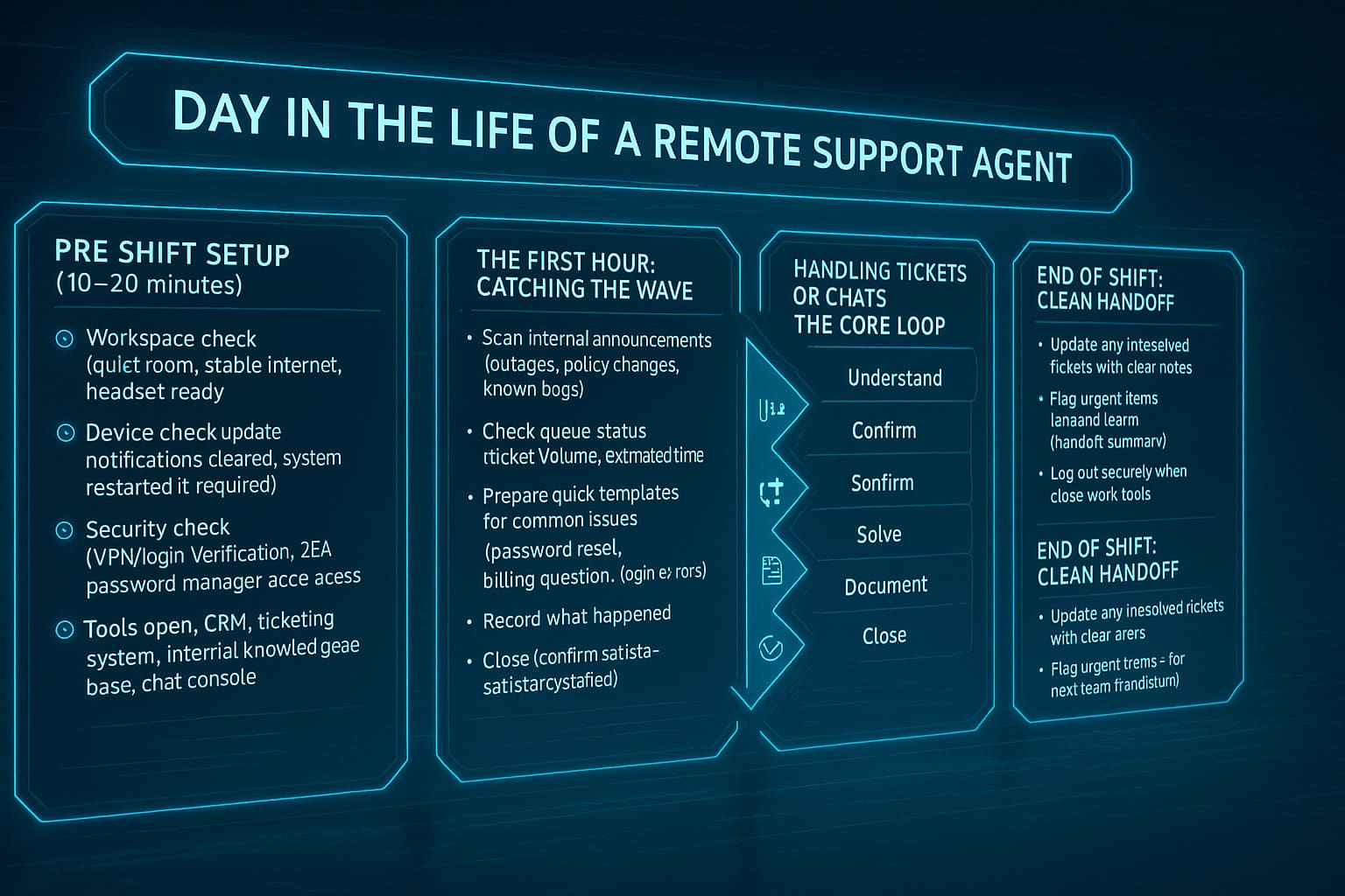 High-tech realistic workspace showing a remote customer support agent handling tickets, chats, and daily workflows