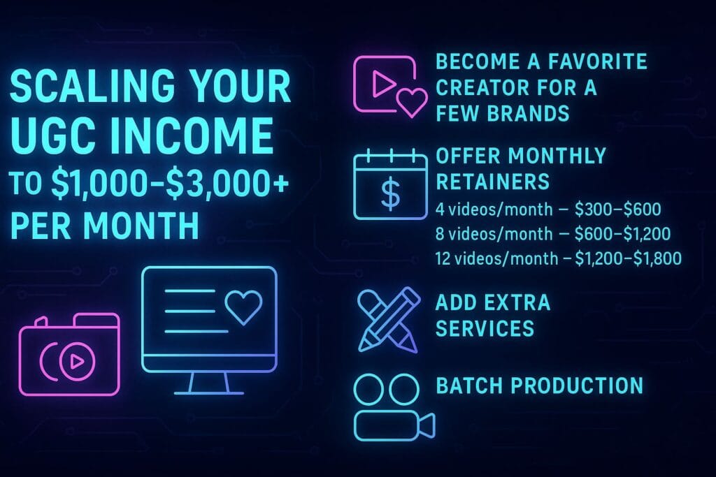 Neon futuristic illustration showing strategies to scale UGC income, including retainers, extra services, and batch production.