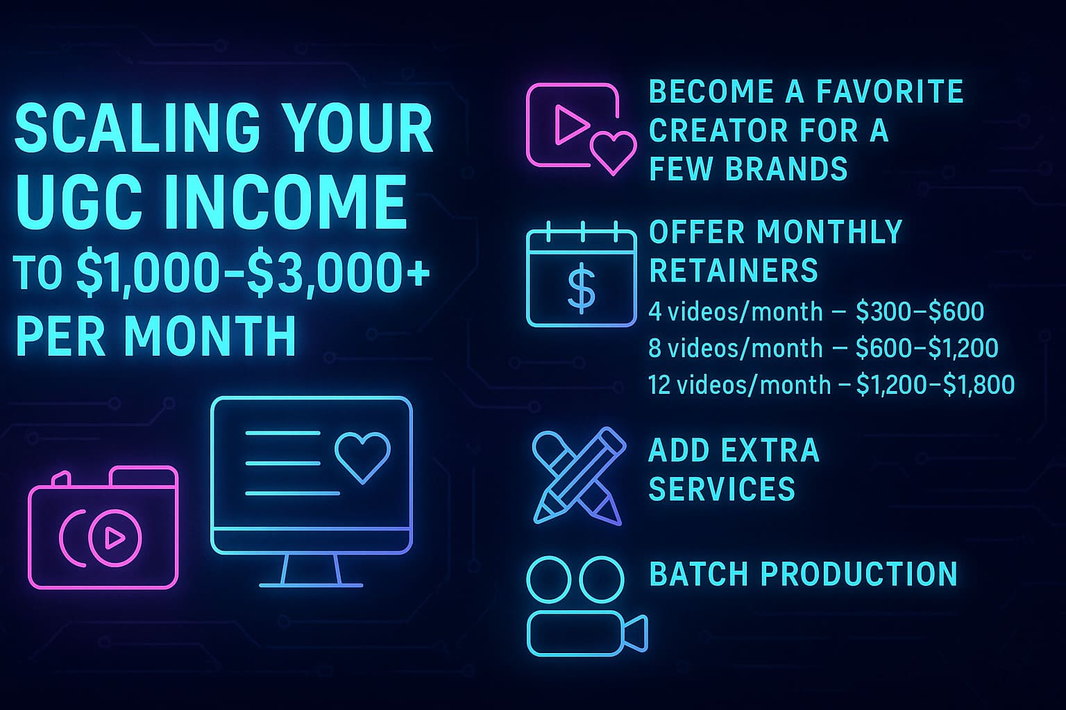 Neon futuristic illustration showing strategies to scale UGC income, including retainers, extra services, and batch production.