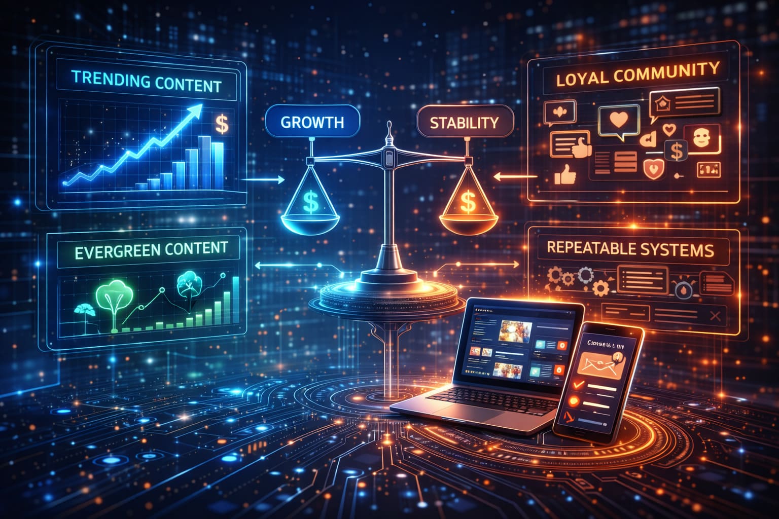 high-tech visualization of scaling a YouTube channel with balanced growth, loyal community, and repeatable systems