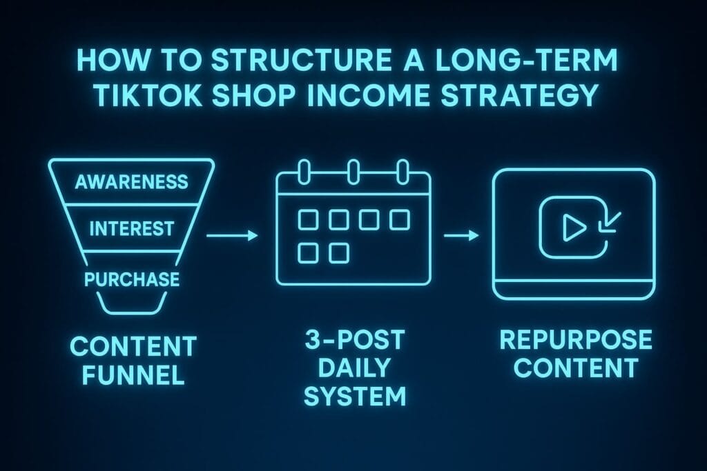 Neon tech illustration showing TikTok Shop income strategies, including content funnel stages, daily posting system, and repurposing short-form videos across platforms.