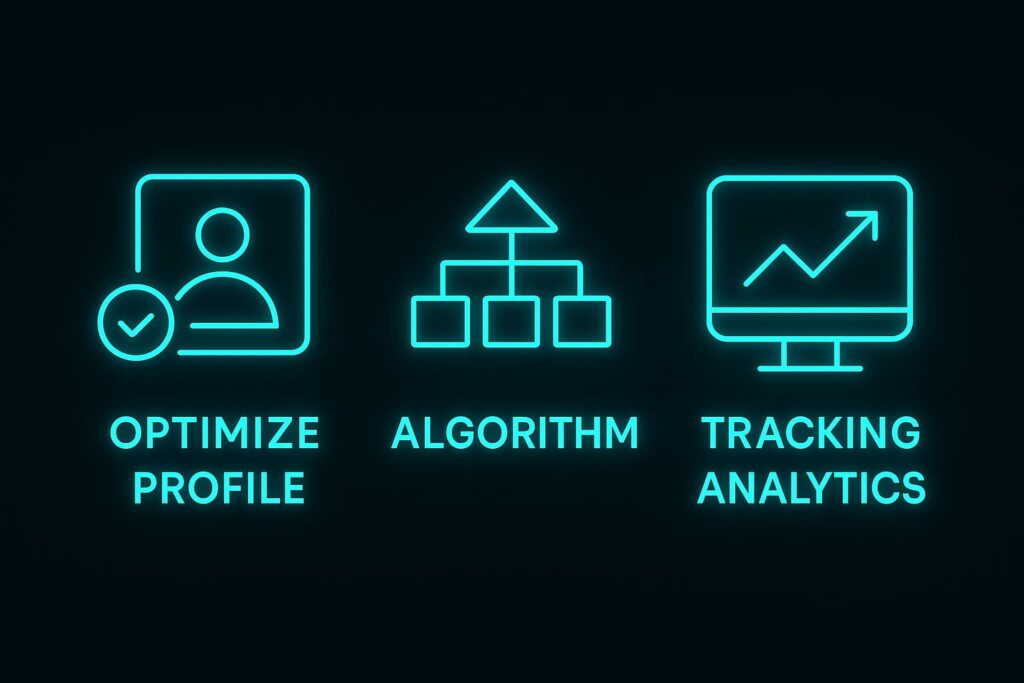 Neon tech illustration showing TikTok Shop profile optimization, algorithm ranking factors, and analytics tracking for improving online income performance.
