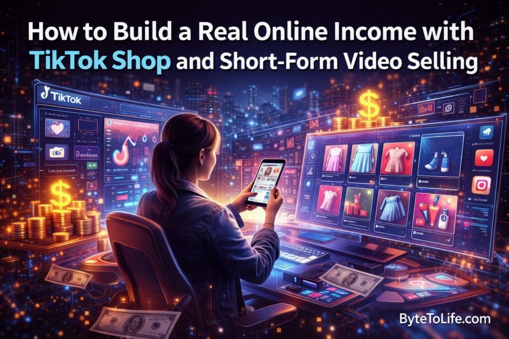 creator building real online income using TikTok Shop and short-form video selling in a high-tech digital environment