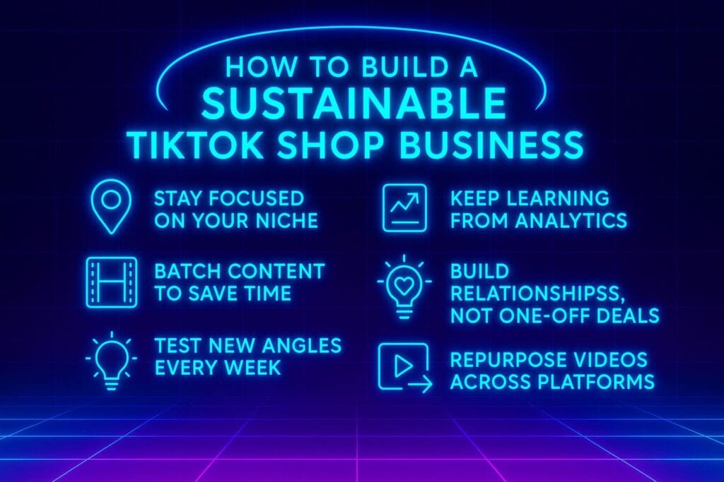 Neon futuristic infographic showing sustainability principles for building a long-term TikTok Shop business, including niche focus, batch content, analytics, relationships, testing angles, and cross-platform repurposing.