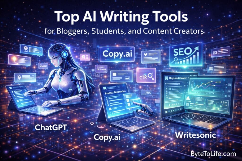 Futuristic AI writing tools assisting bloggers, students, and content creators with brainstorming, drafting, and content optimization