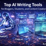Futuristic AI writing tools assisting bloggers, students, and content creators with brainstorming, drafting, and content optimization