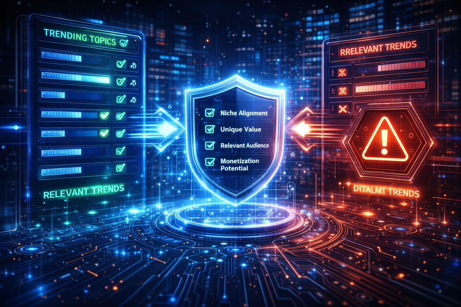 high-tech visualization showing trend validation checklist to filter relevant and profitable content ideas