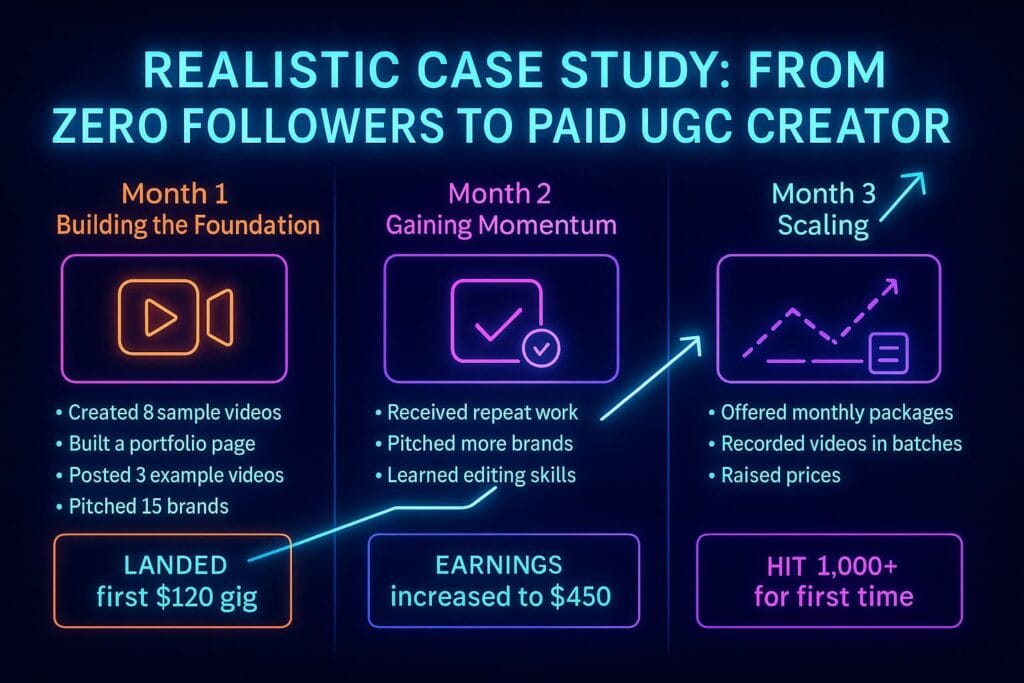 Neon futuristic illustration showing a UGC creator’s progression from zero followers to paid clients over three months.
