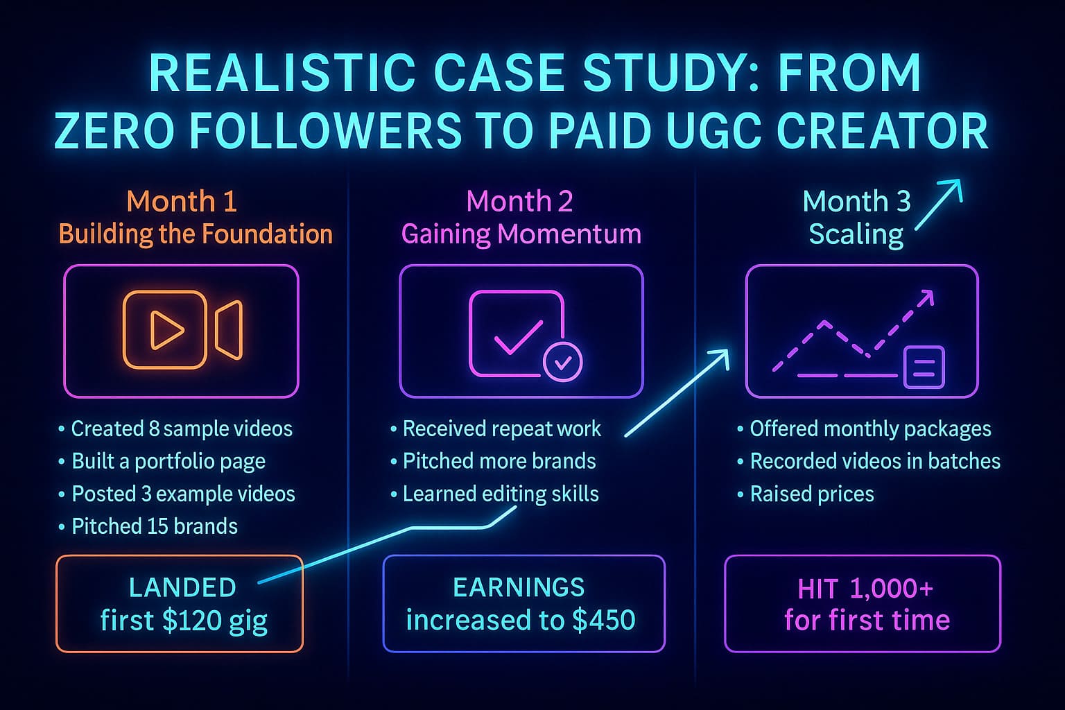 Neon futuristic illustration showing a UGC creator’s progression from zero followers to paid clients over three months.
