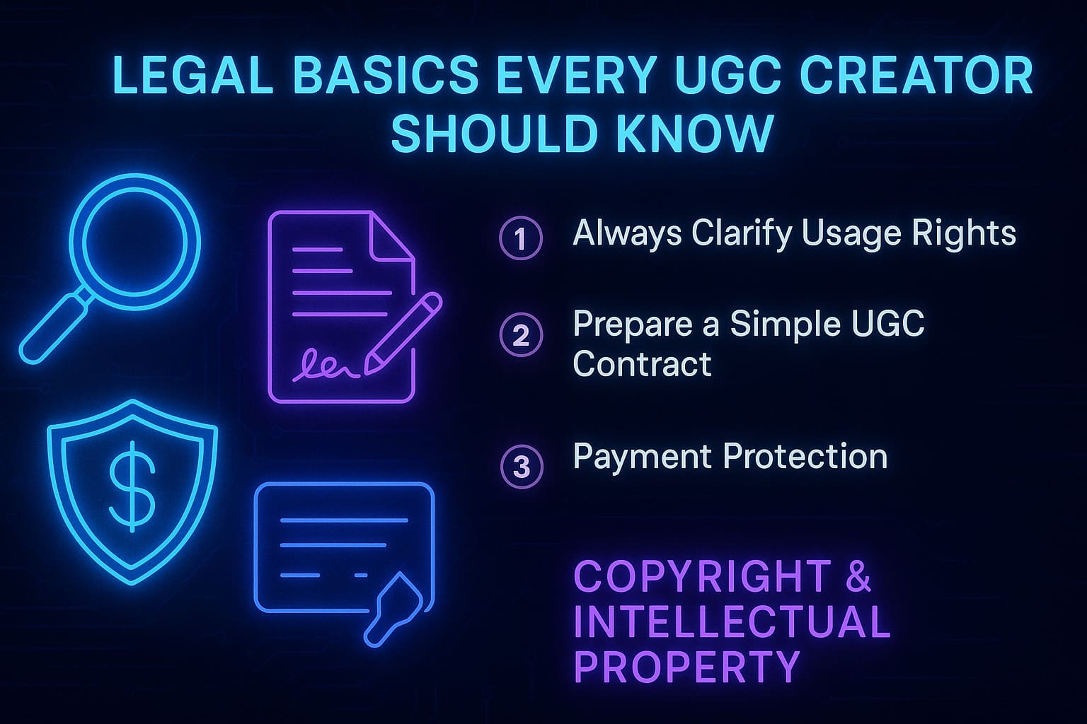 Neon futuristic illustration showing UGC legal essentials such as contracts, usage rights, payment protection, and copyright ownership.