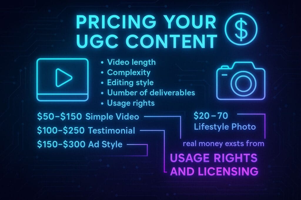 Neon futuristic illustration showing UGC pricing factors, video costs, and usage rights breakdown for creators.