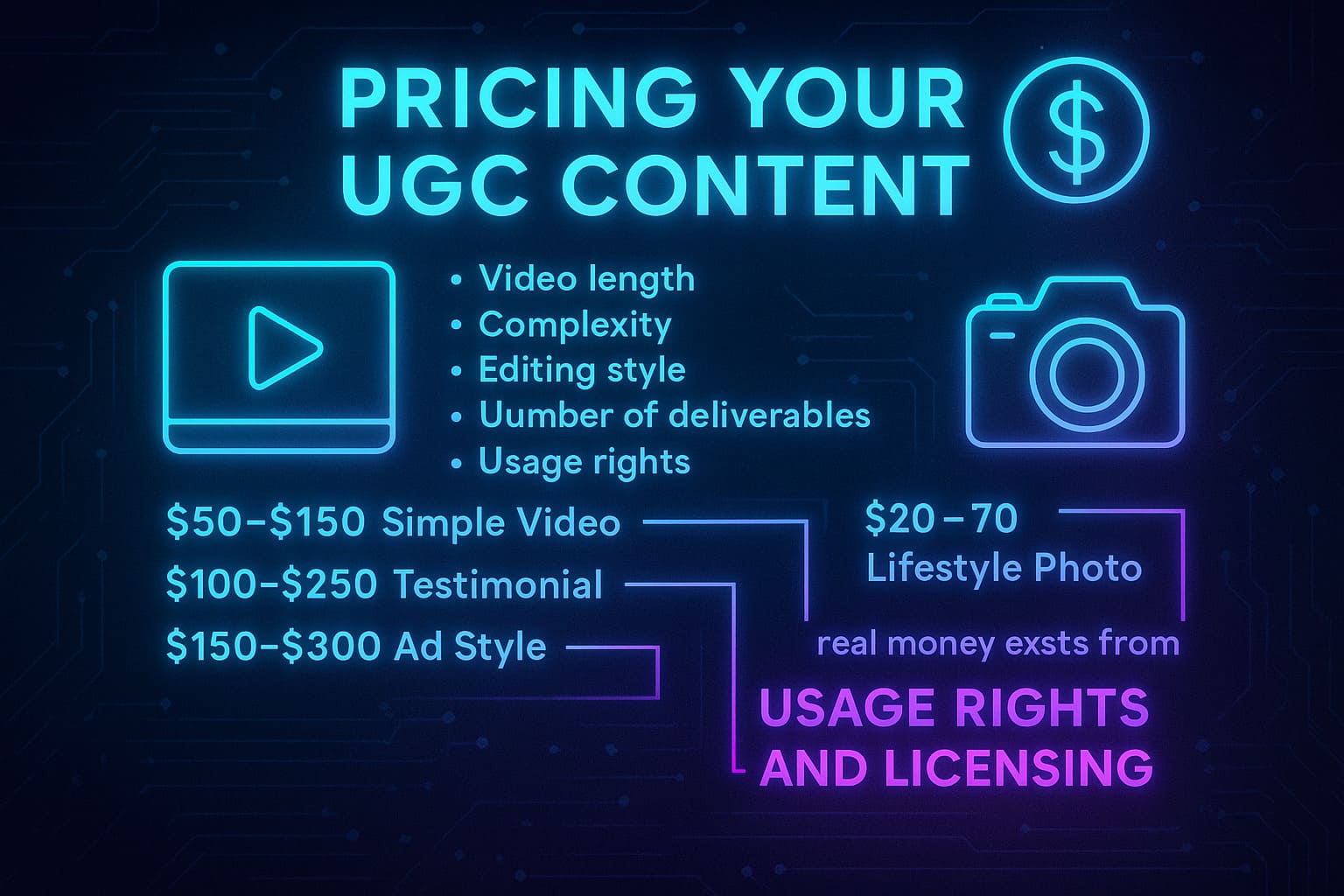 Neon futuristic illustration showing UGC pricing factors, video costs, and usage rights breakdown for creators.