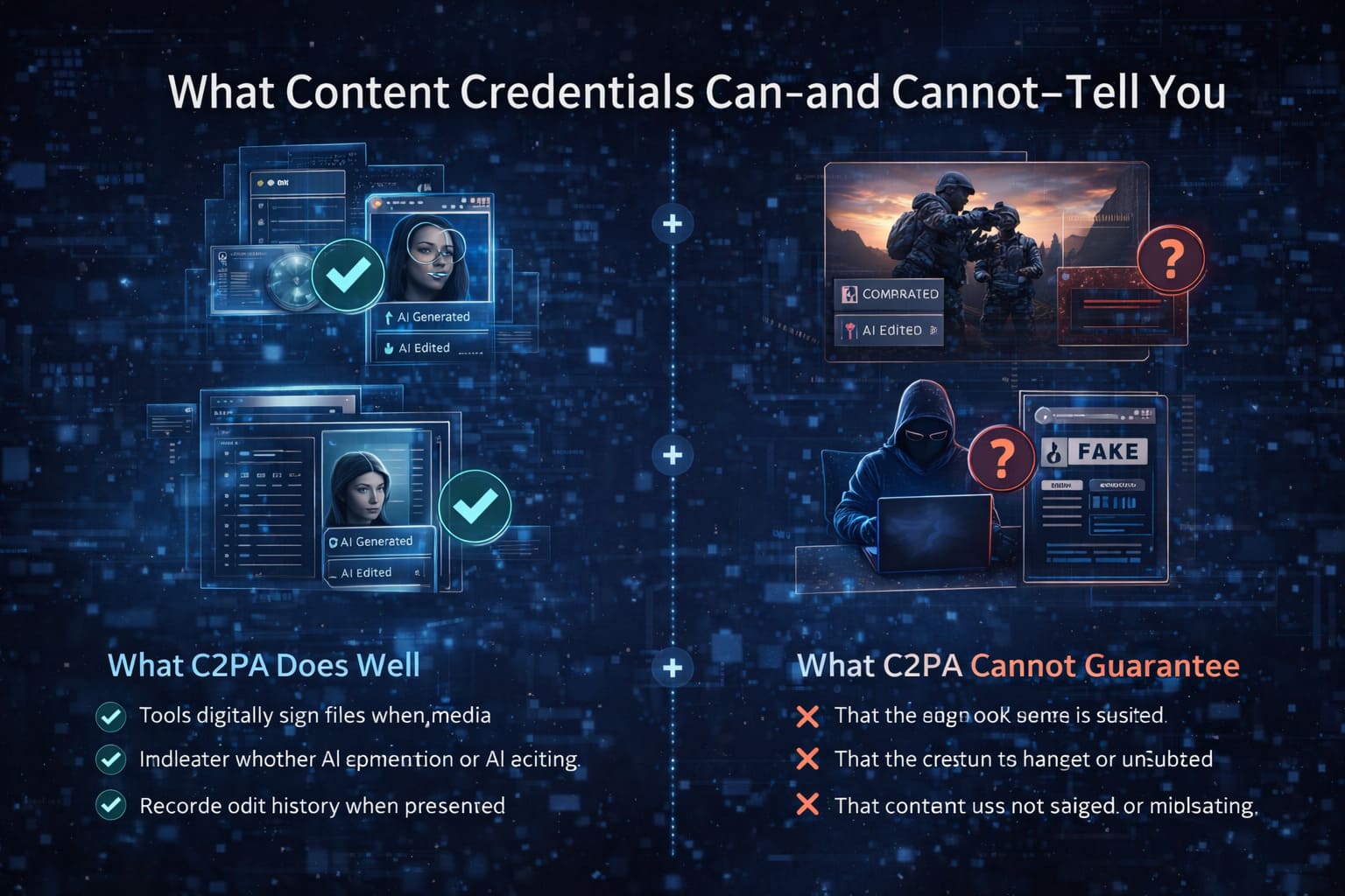 Futuristic AI visualization comparing what content credentials verify and what they cannot guarantee in AI-generated digital media