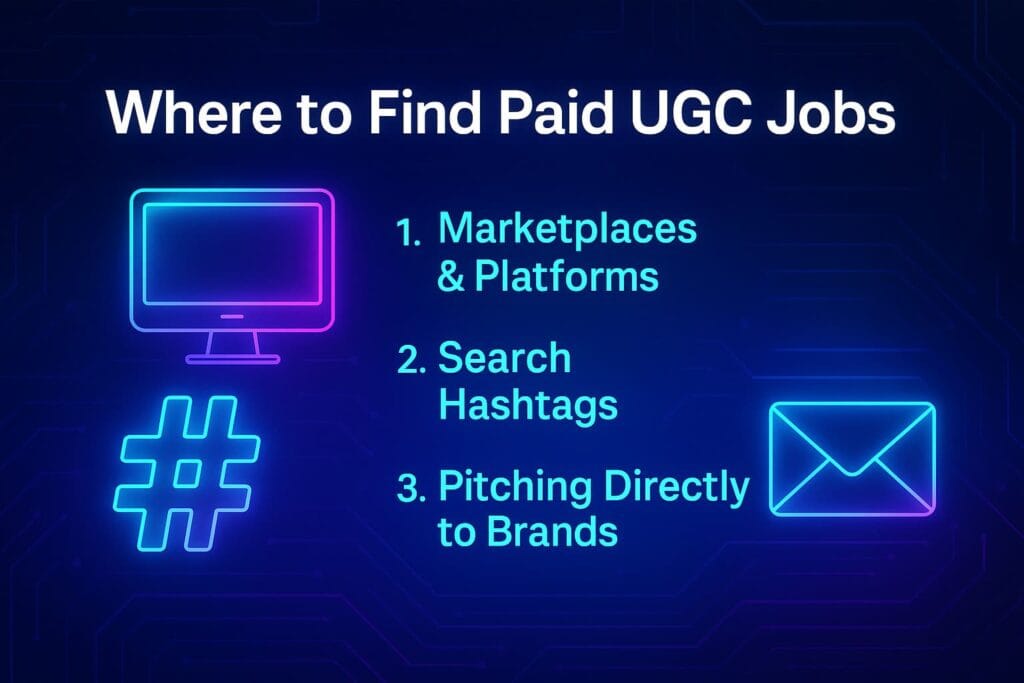 Neon futuristic illustration showing platforms, hashtags, and email icons representing where to find paid UGC jobs online.