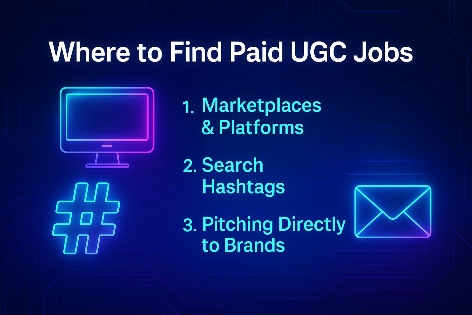 Neon futuristic illustration showing platforms, hashtags, and email icons representing where to find paid UGC jobs online.