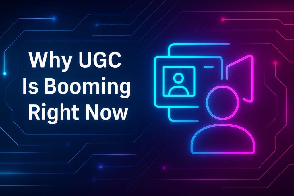 Neon futuristic illustration showing UGC and video creator icons, representing why user-generated content is booming in online income marketing.