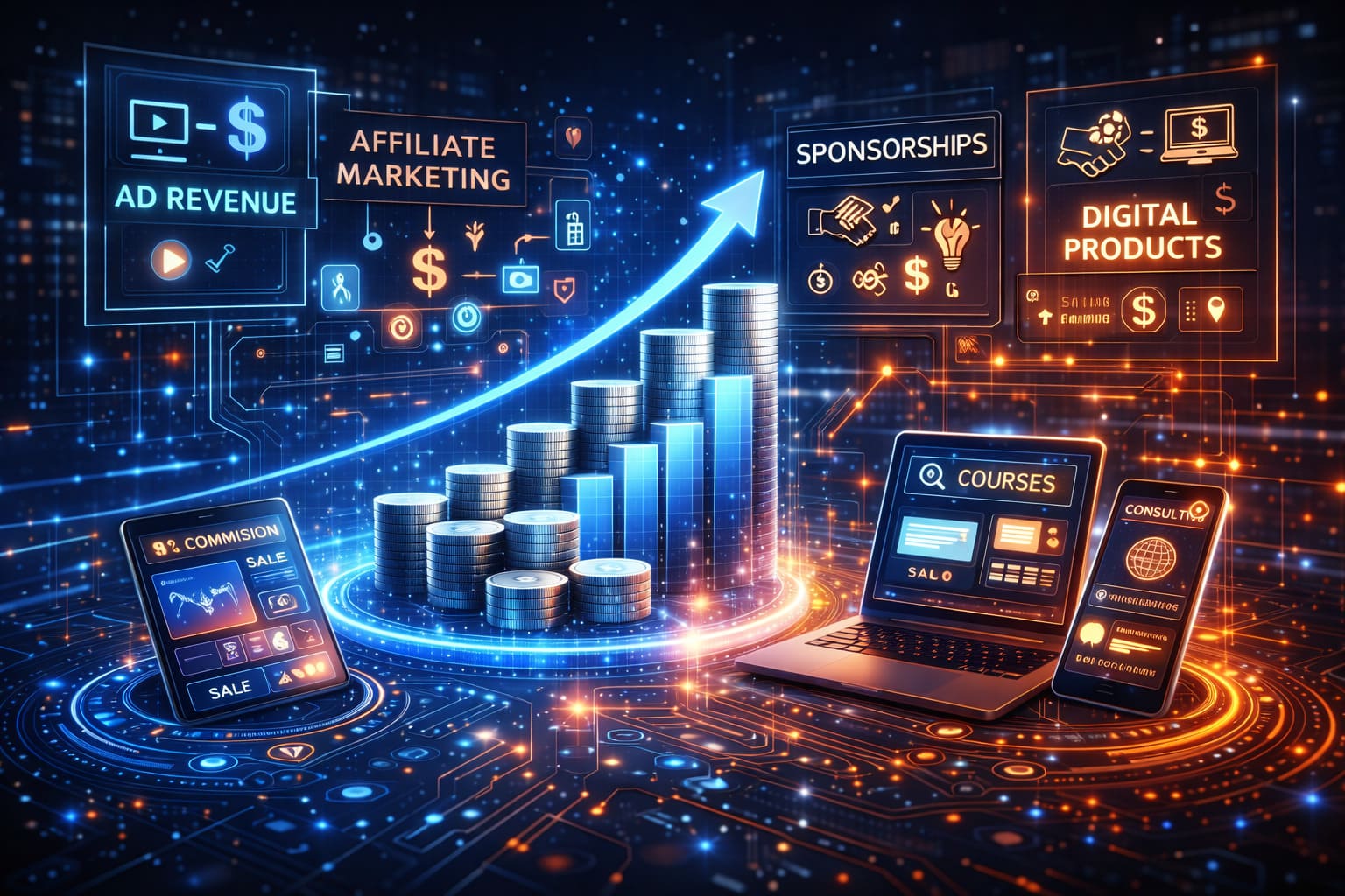 high-tech visualization of multiple monetization methods for YouTube trending content including ads, affiliates, sponsorships, and digital products